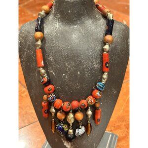 MOROCCAN BERBER CERAMIC WOOD GLASS STAR FLORAL DANGLING BEADS 19" NECKLACE EUC